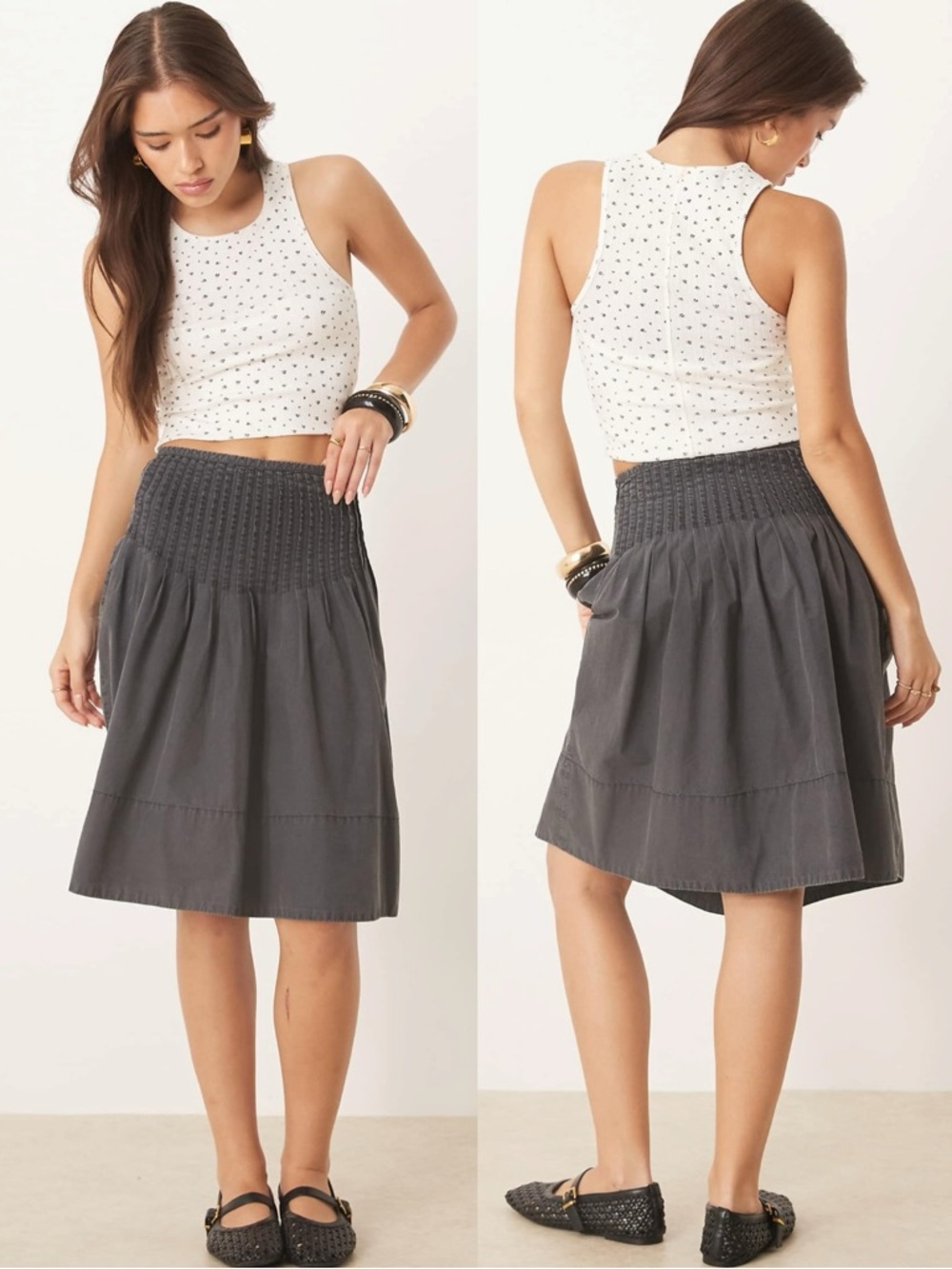 Free People Dainty Bohemian Peyton Pintuck Midi Skirt Washed Black Size 14 - Picture 11 of 16